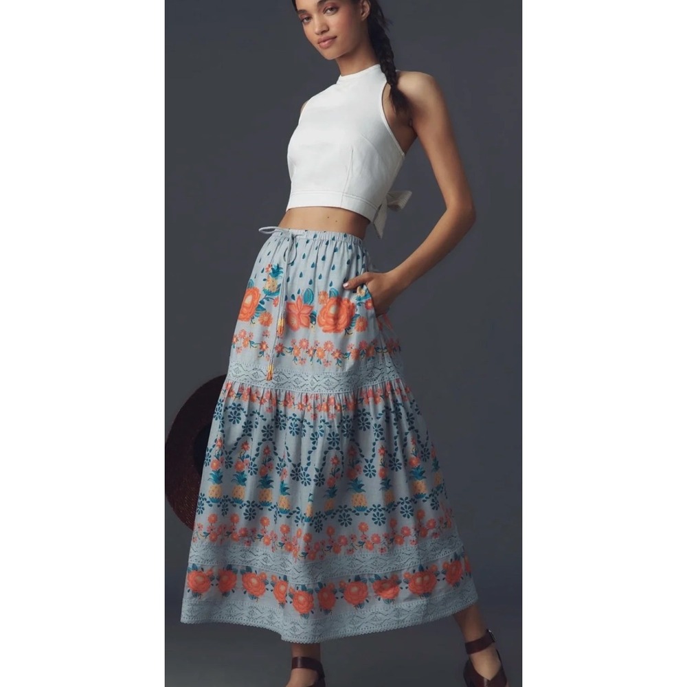 Farm Rio Anthropologie Blue Tropical Delicacy Floral Maxi Skirt Womens Large NWT